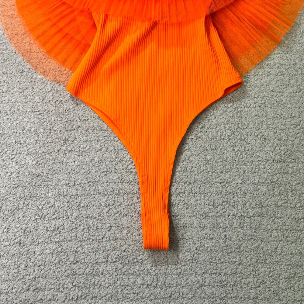 fab'rik Bodysuit Kaya Ruffle Off Shoulder S Orange Tulle Ribbed Mesh Festival - Picture 7 of 8